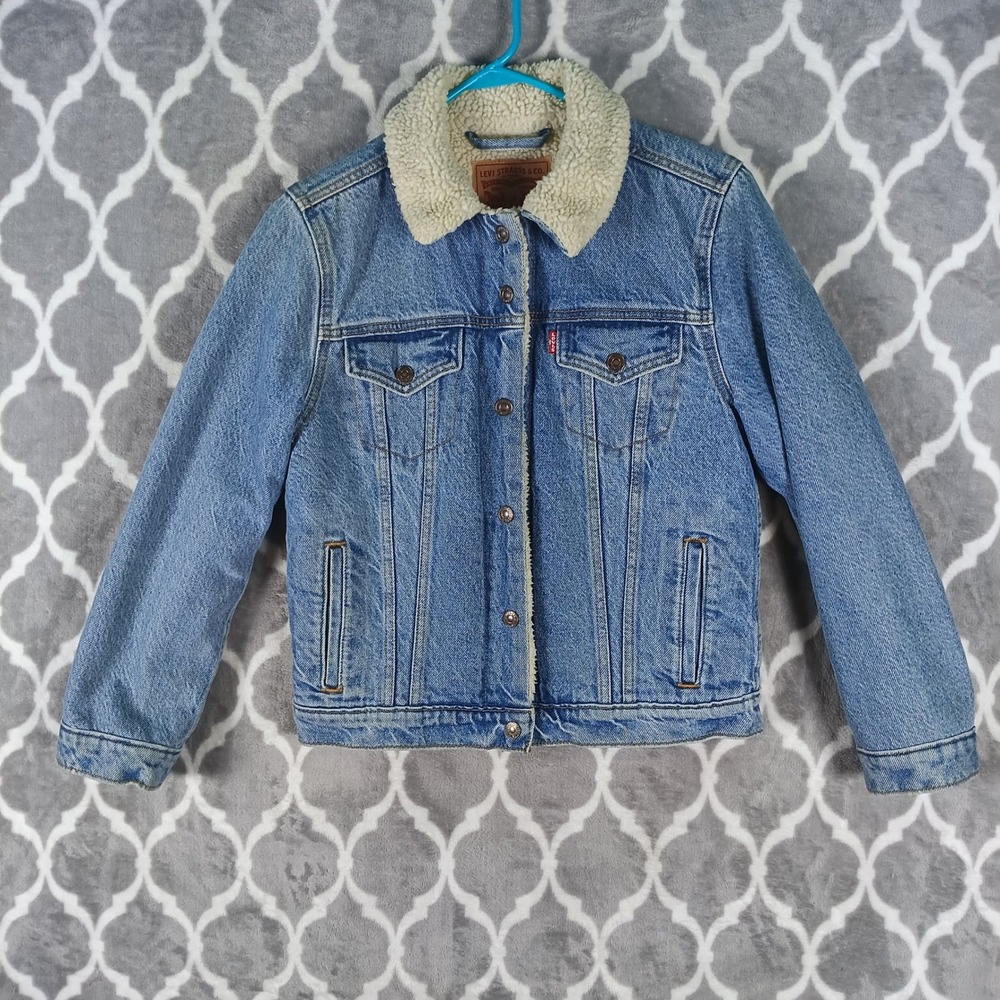 Levis Denim Trucker Jacket Women Size Small Blue Sherpa Lined Medium Wash Type 3